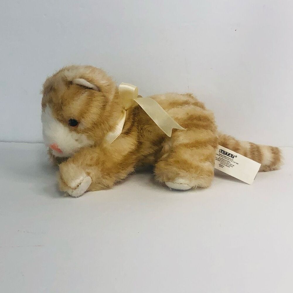 vtg battat tiger cub cat kitten plush stuffed animal 6 inch neck bow‎ orange tan